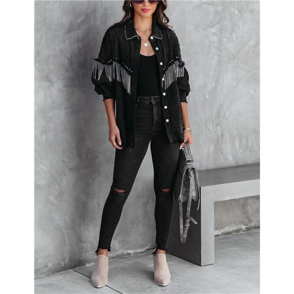 Black Denim Jacket Fringe Distressed Tassel Studded Jean Jacket Shacket Top - Picture 5 of 8